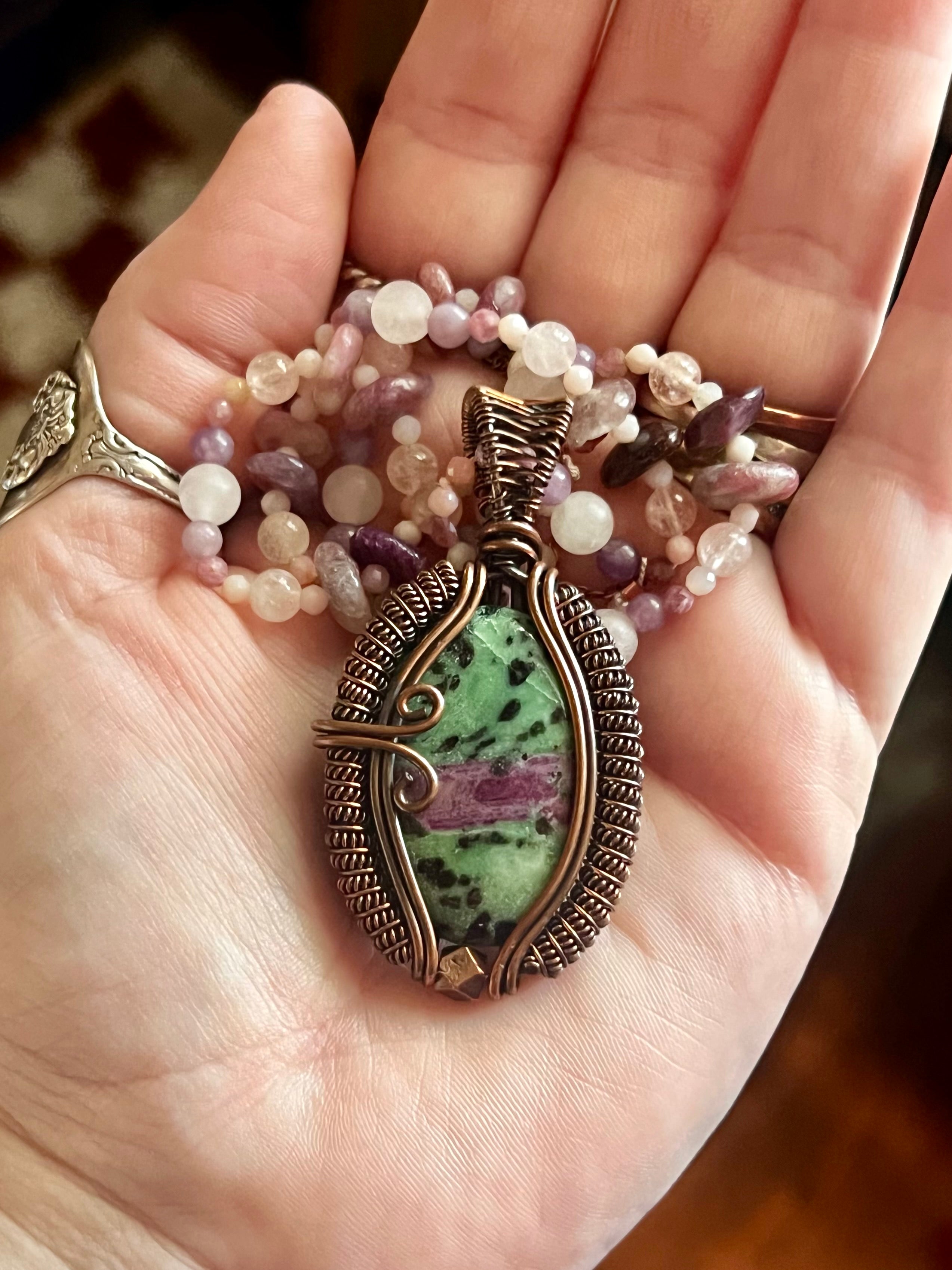 Wire Wrapped Ruby Zoisite Necklace