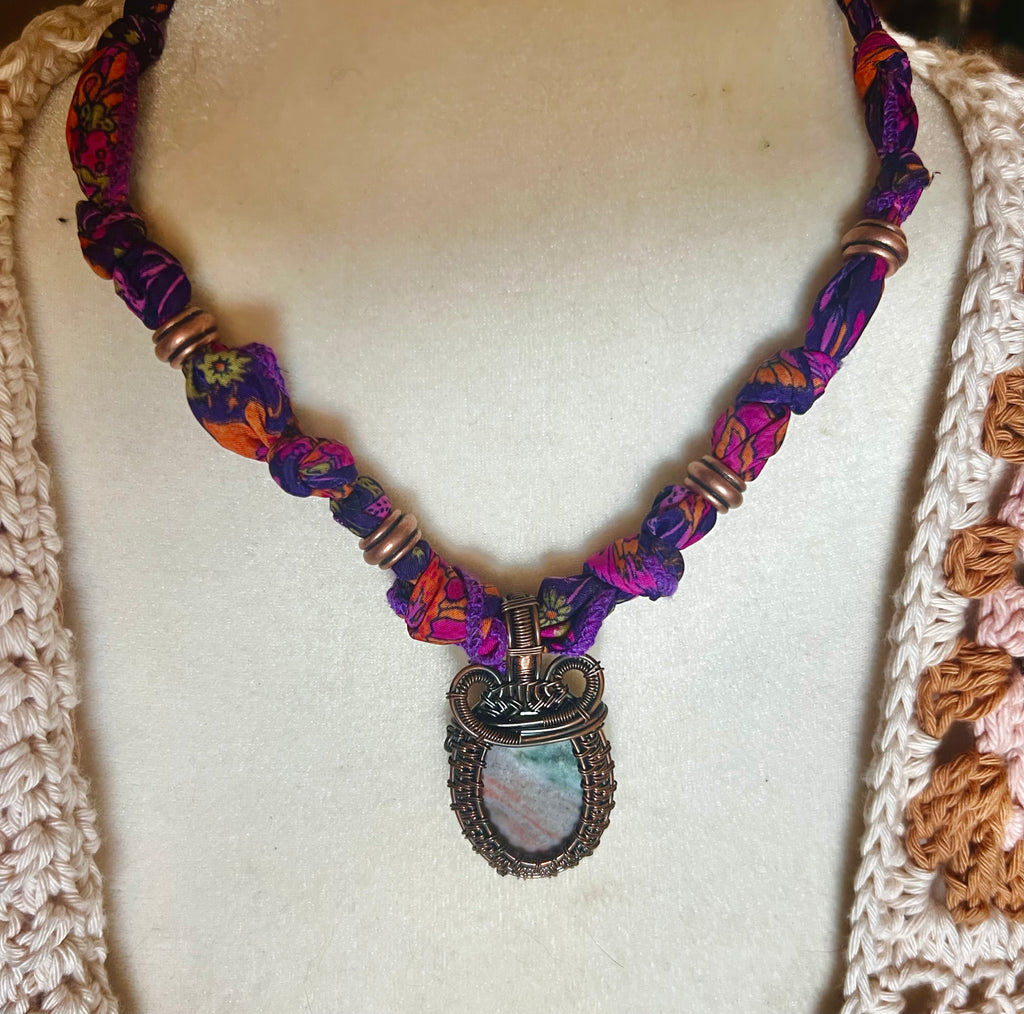Wire Wrapped Unakite Jasper Necklace