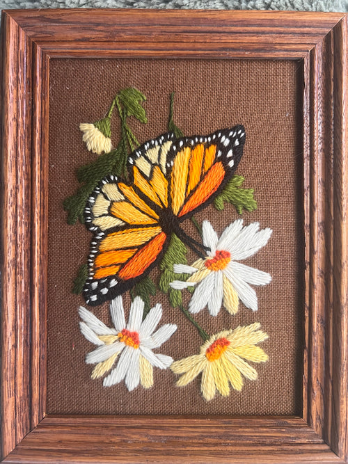 1970s framed monarch butterfly embroidery